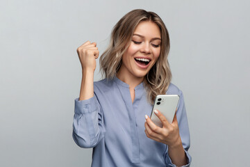 Overjoyed millennial female celebrate success raising fist and saying yes with smartphone in hand....