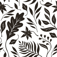 Autumn leaves, black and white seamless illustration. Vector pattern, fabric design