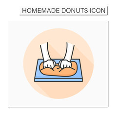 Dough kneading color icon. Hands beating bread or pastry dough, developing gluten. Concept of bread, pastry and pizza cooking. Recipe and cookbook. Isolated vector illustration