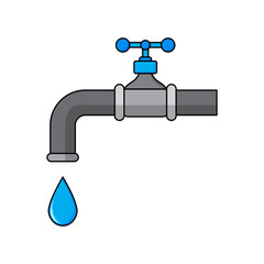 Faucet with water droplet icon.  Simple cartoon design. Vector illustration isolated on white.