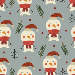 holiday seamless pattern with snowman, christmas tree, decorative elements. Colorful vector, flat style. hand drawing. design for fabric, print, wrapper