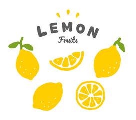 レモンの手描きイラストのセット　シンプル　フルーツ　果物　柑橘系　シトラス　夏　かわいい　果実　断面 - obrazy, fototapety, plakaty