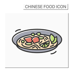 Chinese style soup color icon. Hot and sour pork broth stew plate. Concept of rich Asian flavor in European restaurant cuisine and home cooking recipe. Isolated vector illustration