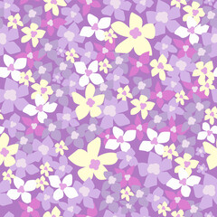 Vector seamless pattern with purple, pink and yellow lilac flowers. Illustration for fabric and background, for design of covers.