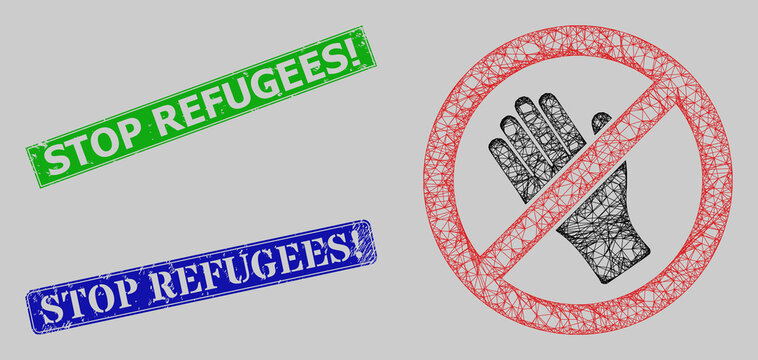 Carcass crossing mesh do not touch model, and Stop Refugees Exclamation. blue and green rectangle unclean stamp seals. Carcass net mesh symbol based on do not touch pictogram.
