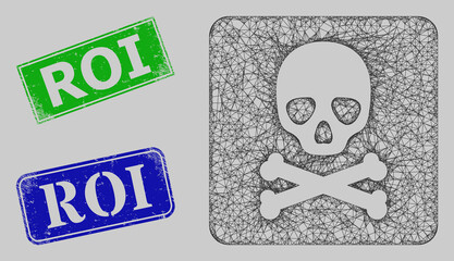 Carcass crossing mesh death box model, and Roi blue and green rectangular scratched stamp seals. Carcass net image based on death box pictogram. Stamps have Roi tag inside rectangular shape.