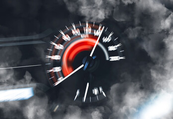 Car speedometer high performance and indicator sweeping to high power speed and smoke,double exposure automotive concept - obrazy, fototapety, plakaty