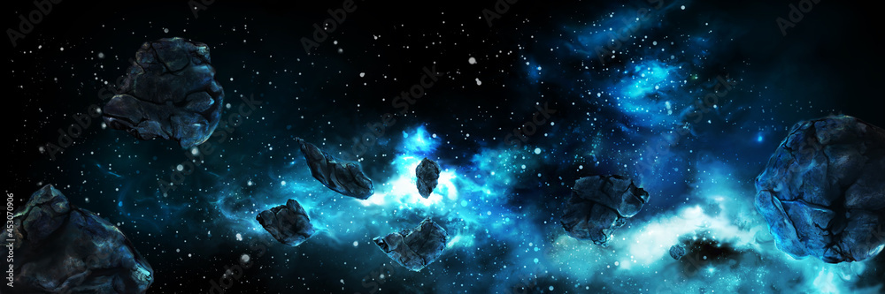 Wall mural asteroids in space banner / illustration horizontal space banner with asteroids. digital painting