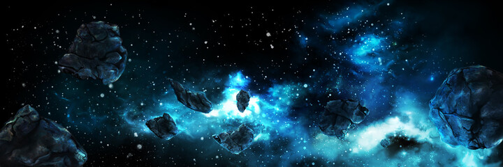 Asteroids in space banner / Illustration horizontal space banner with asteroids. Digital painting
