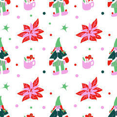 Seamless vector pattern for Christmas in bright colors in flat style. Holiday print with girl, cocoa, poinsettia hand drawn.Design for textiles, packaging, social media, web, wrapping paper, fabric.