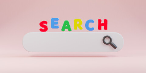 Minimal design white search bar with magnifier on pink background , Web search engine concept by 3D...