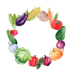 Watercolor vegetables round wreath isolated on white background