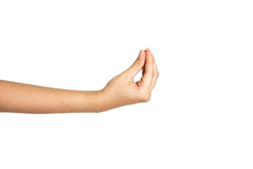 Close up of Italian hand gesture isolated with white background. I want to eat hand sign
