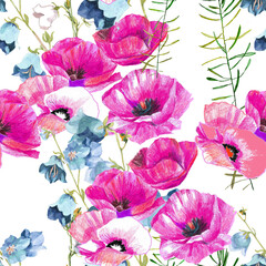 Pink poppies and blue bluebells on white background seamless pattern for all prints.