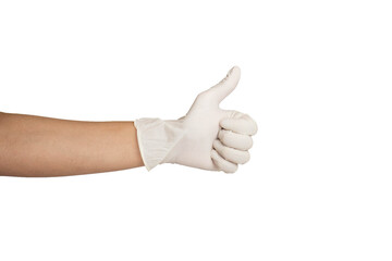 Close up of thumbs up gesture wearing white rubber gloves isolated with white background.