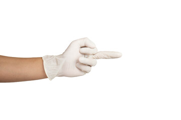 Close up of middle finger gesture wearing white rubber gloves isolated with white background.