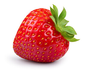 Strawberry isolated. Whole strawberry with leaf on white background. Perfect retouched berry with clipping path.  Full depth of field..