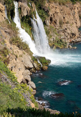 Lower Duden waterfall flowing into the Mediterranean Sea in Antalya Turkey
