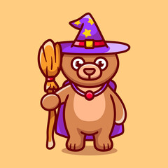 cute bear carrying flying broom