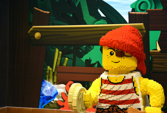Lego figure of pirate in Legoland hotel in park in Germany. 