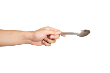 Close up of hand holding stainless spoon isolated with white background.