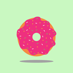 donut with pink glaze and sprinkles in the form of yellow circles and sticks of green and white color. Vector illustration
