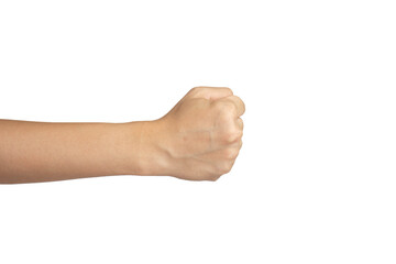 Close up of fist isolated with white background. Punching hand gesture.