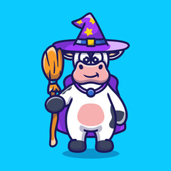 cute cow carrying flying broom