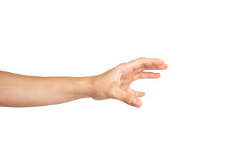 Close up of reaching hand isolated with white background.