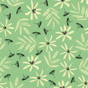 Vector seamless pattern of wildflowers, daisies, clematis and leaves. Hand-drawn. Botanical green pattern. Design for posters, postcards, textiles, fabrics, prints, decor, paper, packaging.