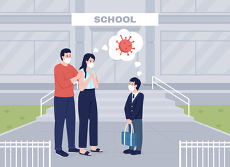 Worried parents see their son off to lessons flat color vector illustration. Group of people in face masks. Mom and dad anxious about pandemic 2D cartoon characters with school building on background