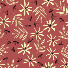 Vector seamless pattern of wildflowers, clematis and leaves on pink background. Hand-drawn. Botanical pattern. Design for posters, postcards, textiles, fabrics, prints, decor, paper, packaging.