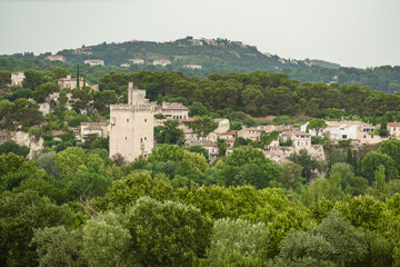 Fototapeta na wymiar View of a town among green forest with a tower.
