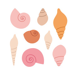 Hand-drawn set of seashells in pastel colors. Concept of ocean flora and fauna, marine and underwater life, summertime. Colored vector illustration, isolated on white.
