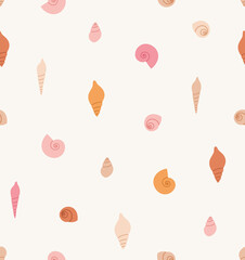 Seamless pattern of seashells. Concept of ocean flora and fauna, marine and underwater life, mollusk shells, summertime. Colored vector illustration, isolated on beige.