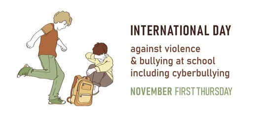Landscape anti-bullying poster. Boys fighting in school. Vector illustration