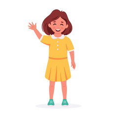Little girl smiling and waving hand. Greeting gesture. Elementary school student. Vector illustration