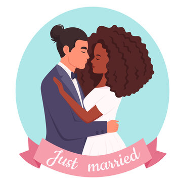 Wedding Couple. Man And Black Woman Getting Married, Newlyweds. Wedding Portrait. Multicultural Family. Vector Illustration