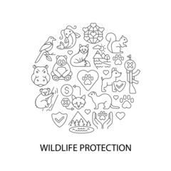 Wildlife protection abstract linear concept layout with headline. Animal welfare minimalistic idea. Biodiversity protection. Thin line graphic drawings. Isolated vector contour icons for background
