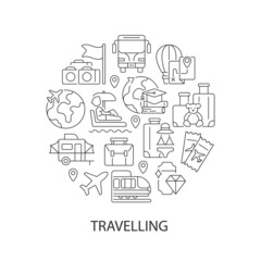 Fototapeta na wymiar Travel abstract linear concept layout with headline. World cruise. Flight for tourists. Tourism minimalistic idea. Thin line graphic drawings. Isolated vector contour icons for background