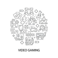 Video game abstract linear concept layout with headline. Digital entertainment. Playing console minimalistic idea. Thin line graphic drawings. Isolated vector contour icons for background