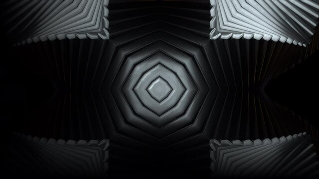 Abstract 3d render waves flow towards central steel cross. Chrome plated geometric tracery in futuristic industrial decoration. Modern corrugated structure with rotation.
