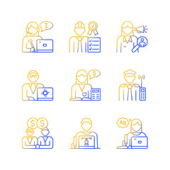 Employees team gradient linear vector icons set. Sales epresentative. Staff of organization. Team of workers. Thin line contour symbols bundle. Isolated outline illustrations collection