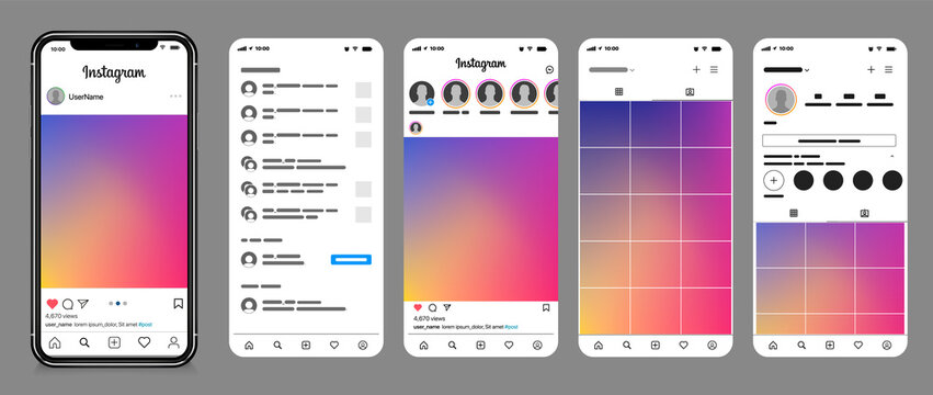 White screen interface in social media instagram application. Photo frame design app post template. Vector mock up illustration