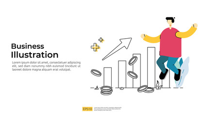 increase growth business profit with arrow up graph chart, dollar coin and businessman character. success business rise performance of return on investment concept vector illustration with flat style