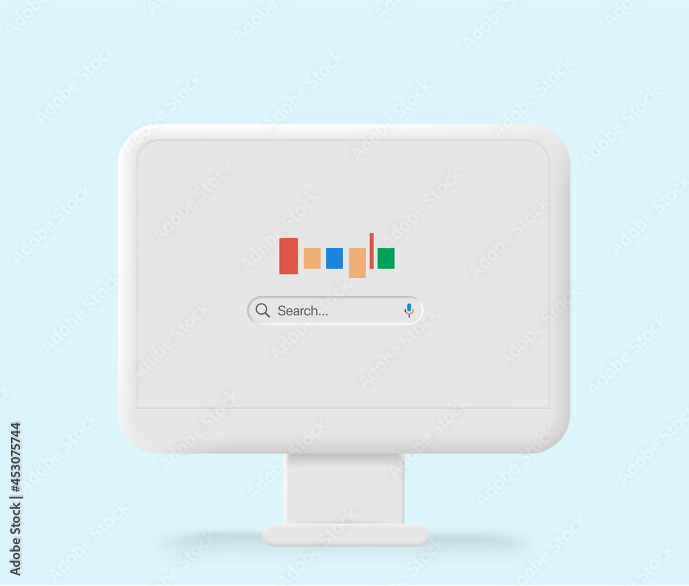 Poster 3D clay monitor on a background. Internet empty web landing page concept with search bar and buttons. Vector illustration