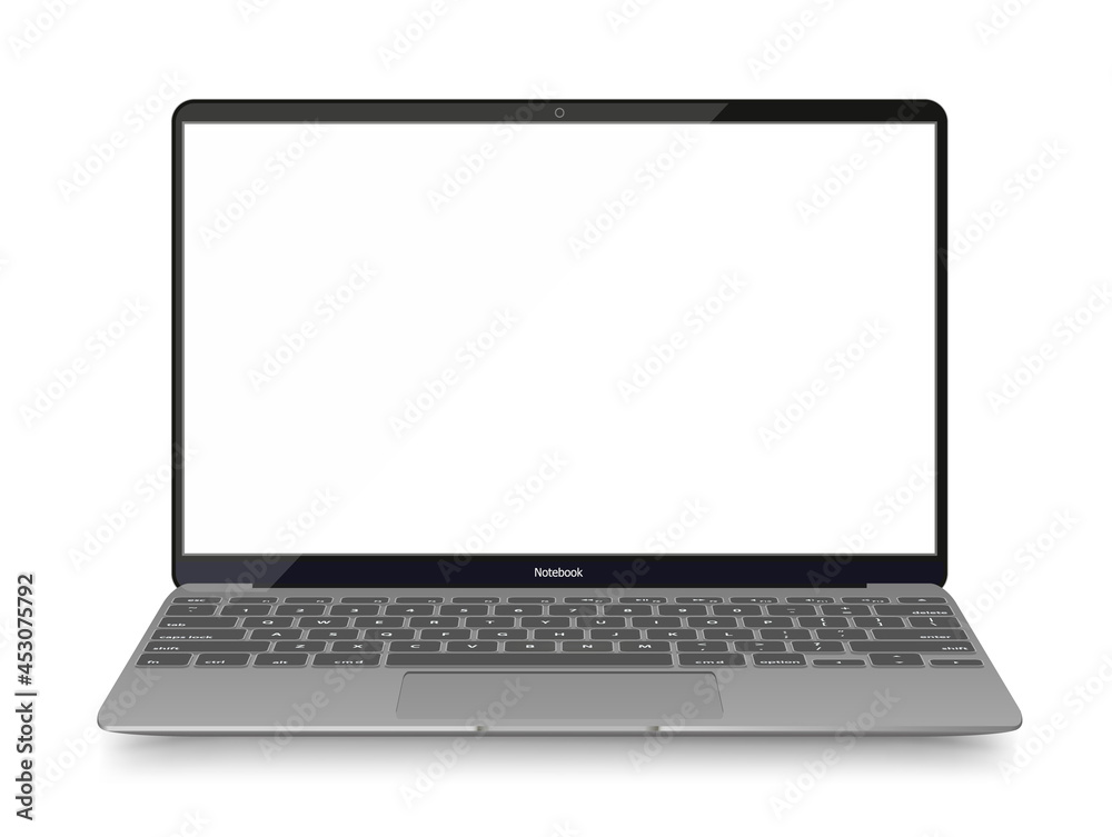 Poster realistic perspective front laptop with keyboard isolated laptop modern mockup. blank screen display