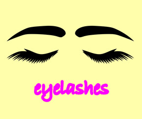 Long eyelashes and eyebrows. Eyelash extension. Beauty saloon. Vector illustration.