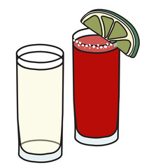 Stylish hand-drawn doodle cartoon hipster style vector illustration. A pair of layered shot shooter glasses with tequila and red hot spicy Mexican sangrita garnished with lime and salt