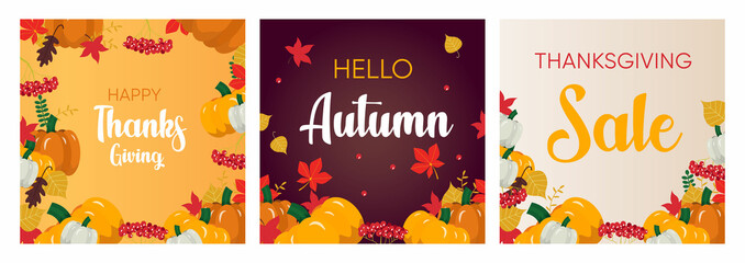 Collection of Pumpkin and autumn leaves and berries Thanksgiving day design. Autumn greeting card. Template background. Editable vector illustration